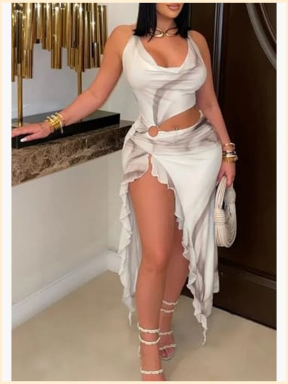 Sexy Bodycon Halter Dress Ruffle Cut Out Maxi - Picture 2 of 6
